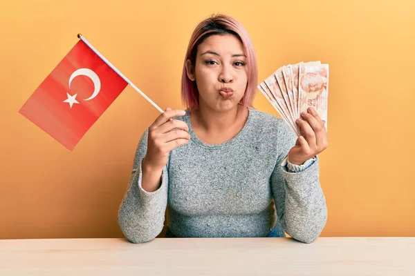 Hispanic Woman Pink Hair Holding Turkey Flag Liras Banknotes Puffing — Photo
