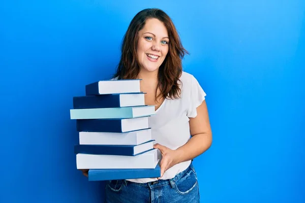 Young Caucasian Woman Holding Pile Books Smiling Laughing Hard Out — Foto de Stock