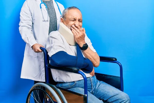Handsome Senior Man Beard Sitting Wheelchair Neck Collar Laughing Embarrassed — Foto de Stock