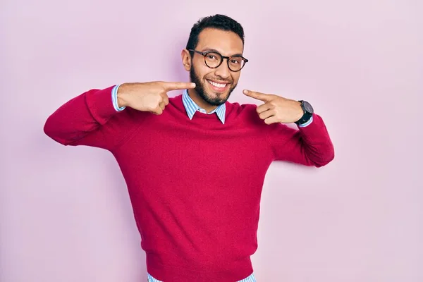 Hispanic Man Beard Wearing Business Shirt Glasses Smiling Cheerful Showing — Stok fotoğraf
