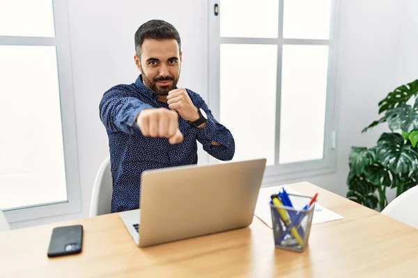 Young Hispanic Man Beard Working Office Laptop Punching Fist Fight — Stock Fotó