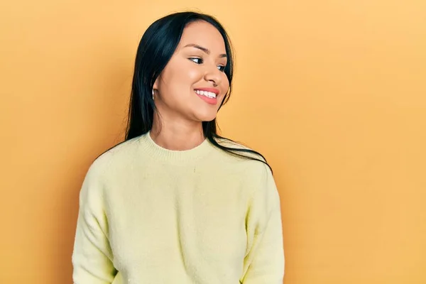 Beautiful Hispanic Woman Nose Piercing Wearing Casual Yellow Sweater Looking — Stock Fotó