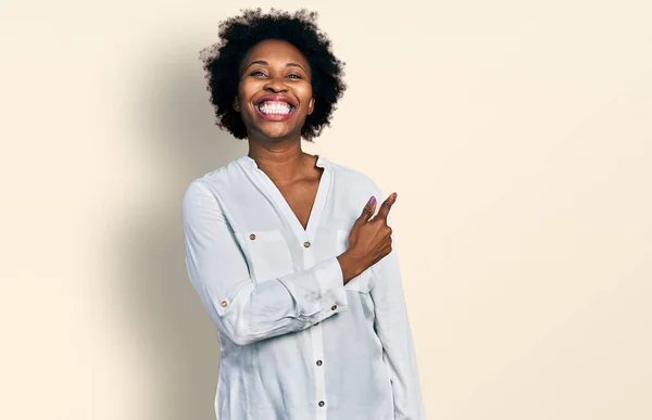 African American Woman Afro Hair Wearing Casual White Shirt Cheerful — Zdjęcie stockowe