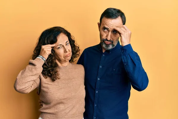 Middle Age Hispanic Couple Wearing Casual Clothes Worried Stressed Problem — Stock Fotó