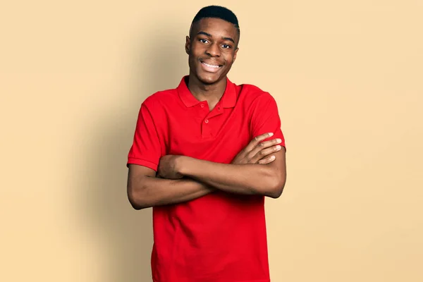 Young African American Man Wearing Casual Red Shirt Happy Face — ストック写真