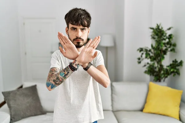 Hispanic Man Beard Living Room Home Rejection Expression Crossing Arms — Photo