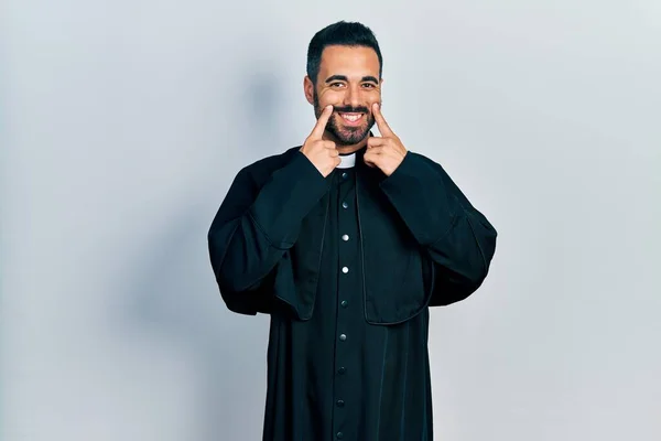 Handsome Hispanic Man Beard Wearing Catholic Priest Robe Smiling Open — Stok fotoğraf