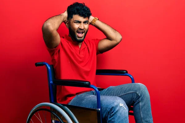 Arab Man Beard Sitting Wheelchair Crazy Scared Hands Head Afraid — Stok fotoğraf