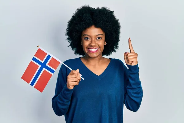 Young African American Woman Holding Norway Flag Smiling Idea Question — Stockfoto