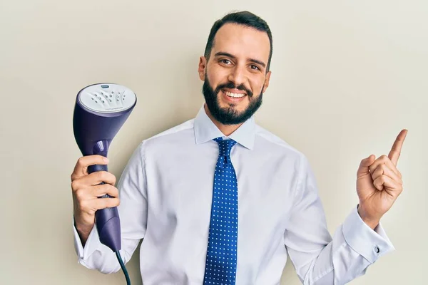 Young Business Man Beard Holding Electric Steam Iron Smiling Happy — Foto Stock
