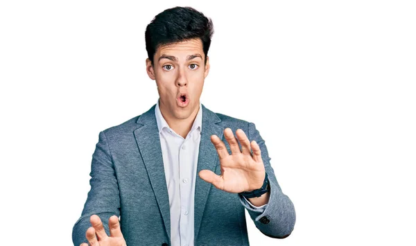 Young Hispanic Man Wearing Business Clothes Doing Stop Gesture Hands — Stock Photo, Image