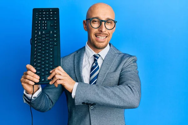 Bald Man Beard Holding Keyboard Smiling Happy Cool Smile Face — Stock Fotó