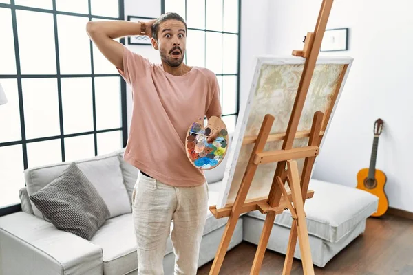 Young Hispanic Man Beard Painting Canvas Home Crazy Scared Hands — Stock Photo, Image