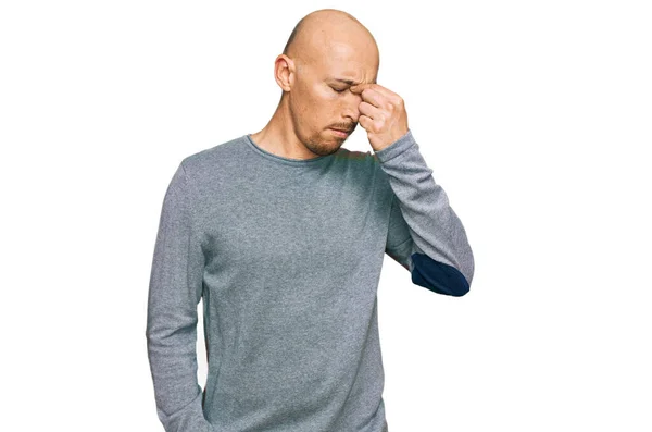 Bald Man Beard Wearing Casual Clothes Tired Rubbing Nose Eyes — 스톡 사진