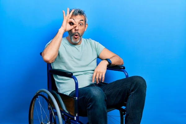Handsome Middle Age Man Grey Hair Sitting Wheelchair Doing Gesture — Foto Stock