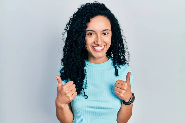 Young Hispanic Woman Curly Hair Wearing Casual Blue Shirt Success — Stock Fotó