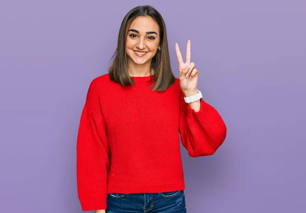 Beautiful Brunette Woman Wearing Casual Winter Sweater Showing Pointing Fingers — Φωτογραφία Αρχείου