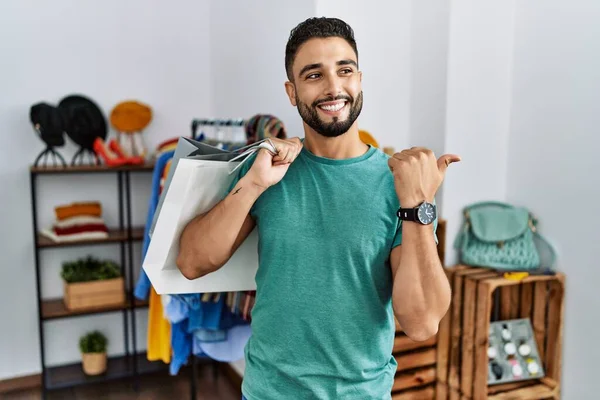Young Handsome Man Beard Holding Shopping Bags Retail Shop Smiling — Stockfoto