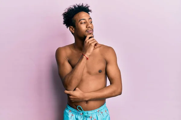 Young African American Man Beard Wearing Swimsuit Hand Chin Thinking — Foto Stock