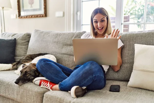 年轻的高加索女孩坐在沙发上 家里有狗在用笔记本电脑进行视频通话 — 图库照片