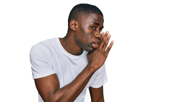 Young African American Man Wearing Casual White Shirt Hand Mouth — Stok fotoğraf