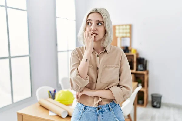 Young Beautiful Caucasian Woman Construction Office Looking Stressed Nervous Hands — 스톡 사진