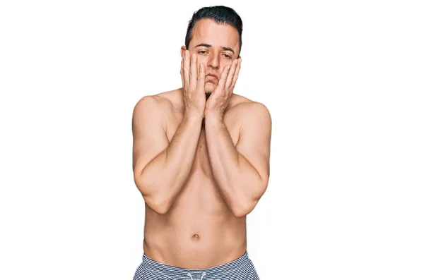 Handsome Young Man Wearing Swimwear Shirtless Tired Hands Covering Face — Stock Photo, Image