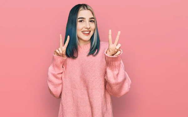 Young Modern Girl Wearing Pink Wool Winter Sweater Smiling Looking — Foto Stock