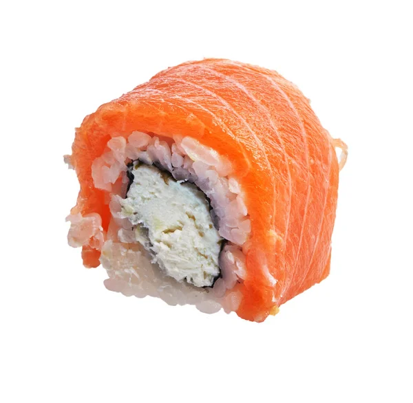 Single Zalm Uramaki Sushi Geïsoleerd Witte Achtergrond — Stockfoto