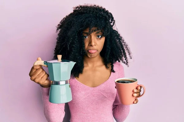 African American Woman Afro Hair Drinking Italian Coffee Depressed Worry — Fotografia de Stock