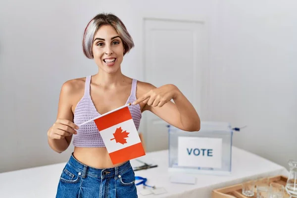 Young Beautiful Woman Political Campaign Election Holding Canada Flag Smiling — Photo