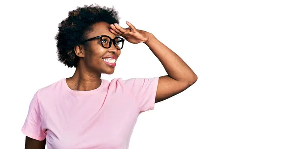 African American Woman Afro Hair Wearing Casual Clothes Glasses Very — Stock fotografie