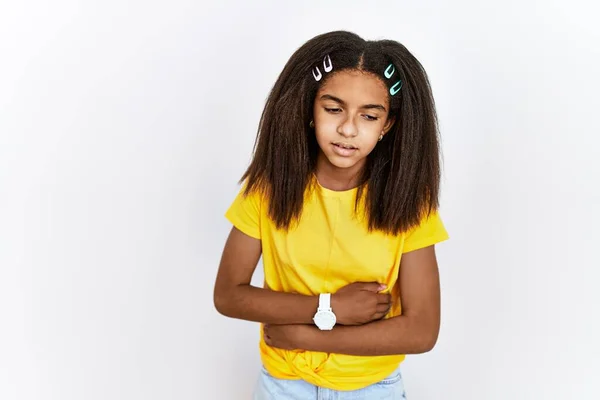 Young African American Girl Standing White Isolated Background Hand Stomach —  Fotos de Stock