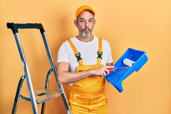 Handsome Middle Age Man Grey Hair Holding Roller Painter Making — Photo