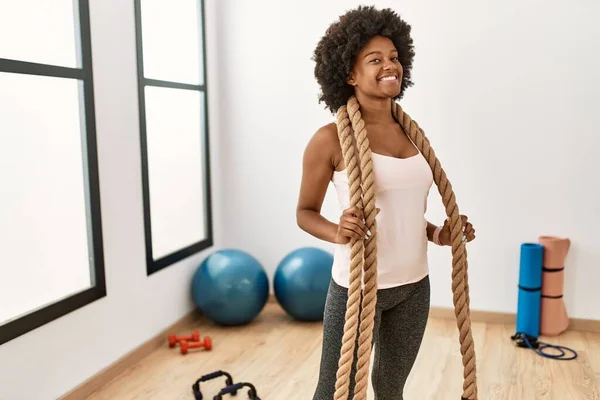 Young African American Woman Smiling Confident Holding Battle Rope Sport — Stock Photo, Image