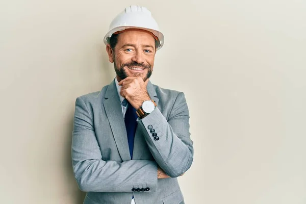 Middle Age Man Wearing Architect Hardhat Smiling Looking Confident Camera — Zdjęcie stockowe