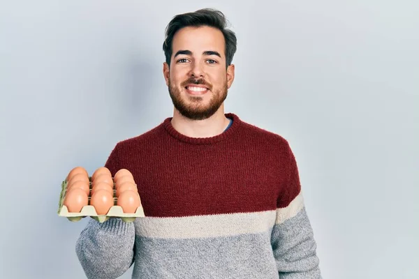 Handsome Caucasian Man Beard Holding Tray Fresh Eggs Looking Positive — Photo