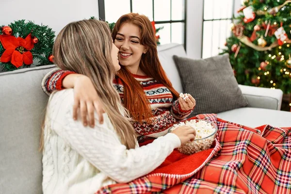Woman Couple Hugging Each Other Watching Sitting Christmas Tree Home — Stockfoto