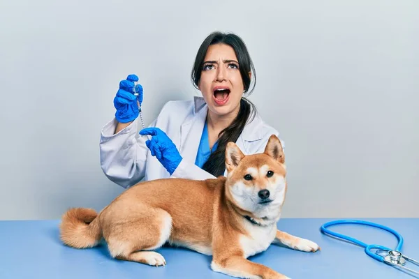 Mooie Spaanse Dierenarts Vrouw Zetten Vaccin Aan Puppy Hond Boos — Stockfoto