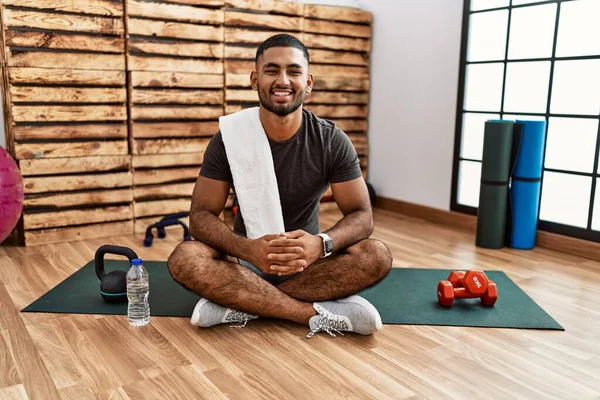 Young Indian Man Sitting Training Mat Gym Happy Cool Smile — Stok fotoğraf