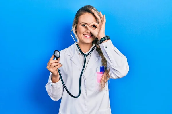 Beautiful Young Blonde Doctor Woman Holding Stethoscope Doing Gesture Hand — Stok fotoğraf