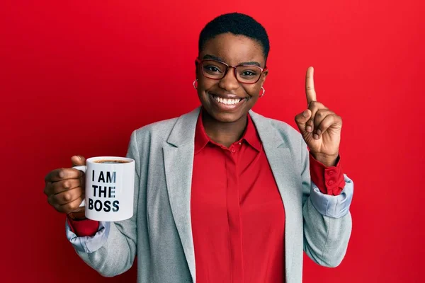 Young African American Woman Drinking Boss Coffee Cup Smiling Idea — Stock Fotó