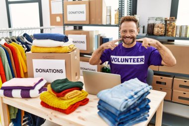 Middle age man wearing volunteer t shirt working with laptop smiling cheerful showing and pointing with fingers teeth and mouth. dental health concept. 