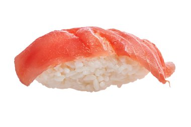  Tek somon nigiri sushi beyaz arka planda izole edilmiş.