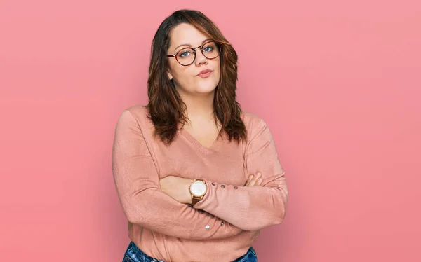 Young Size Woman Wearing Casual Clothes Glasses Skeptic Nervous Disapproving —  Fotos de Stock