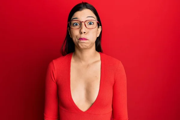 Young Latin Woman Wearing Casual Clothes Glasses Puffing Cheeks Funny — Foto de Stock