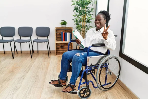 Young Black Woman Sitting Wheelchair Waiting Room Smiling Happy Face — Stockfoto