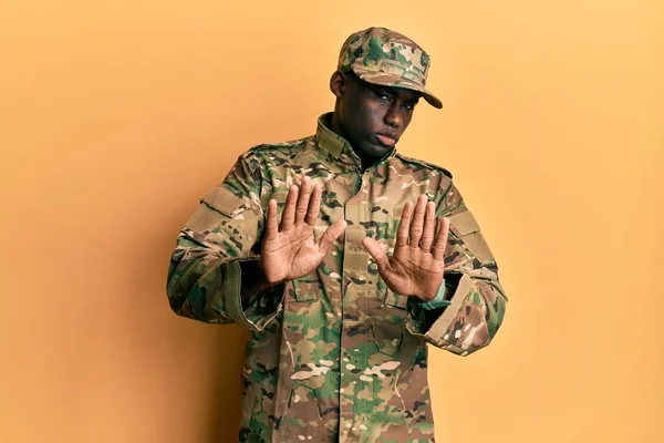 Young African American Man Wearing Army Uniform Moving Away Hands — Photo