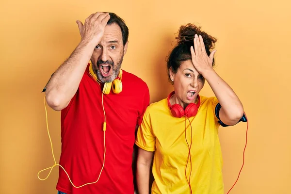 Middle Age Couple Hispanic Woman Man Wearing Sportswear Arm Band — Foto de Stock