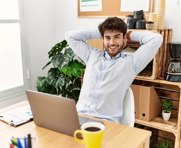 Young Hispanic Businessman Relaxed Hands Head Office — Fotografia de Stock